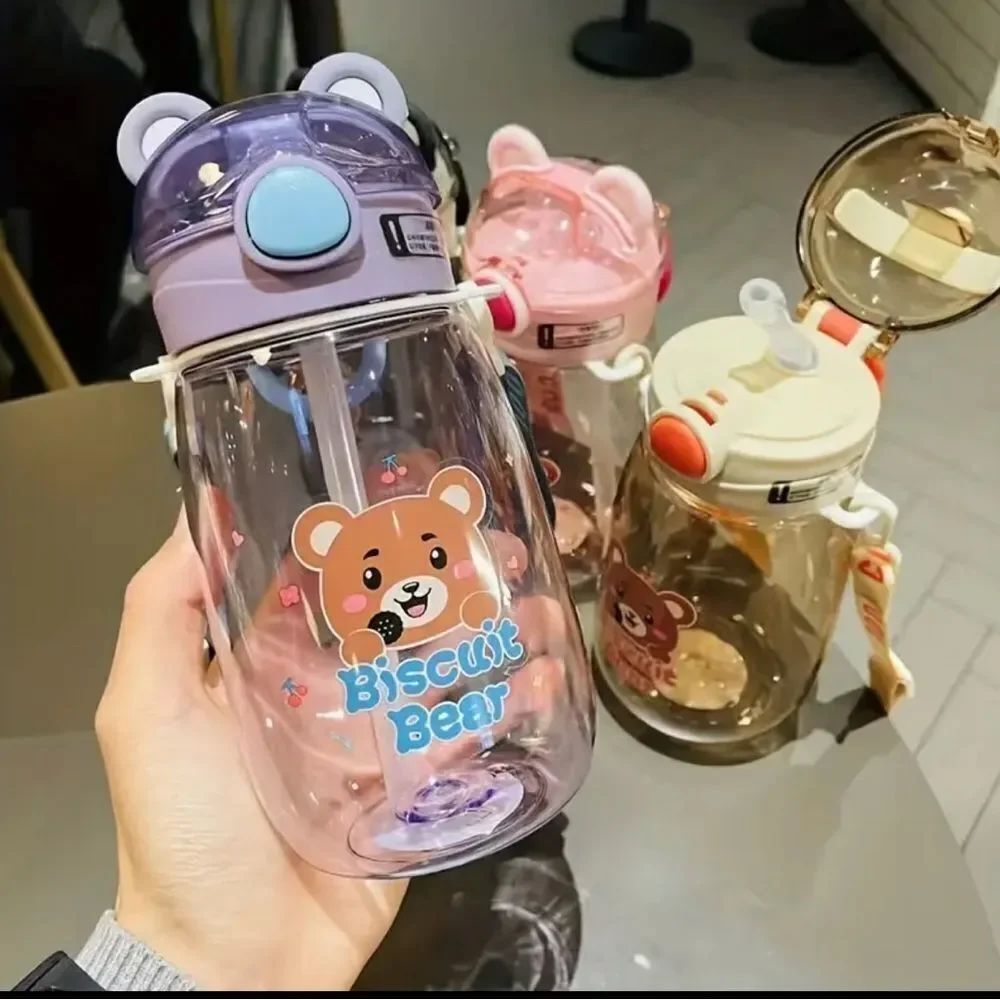 Cute Biscuit Bear Kids Water Bottle 650ml with Strap – Leakproof Flip Lid